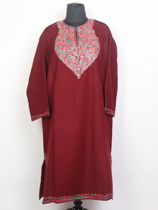 Afsaana Aari Embroidered Maroon Kashmiri Cashmilon Pheran
