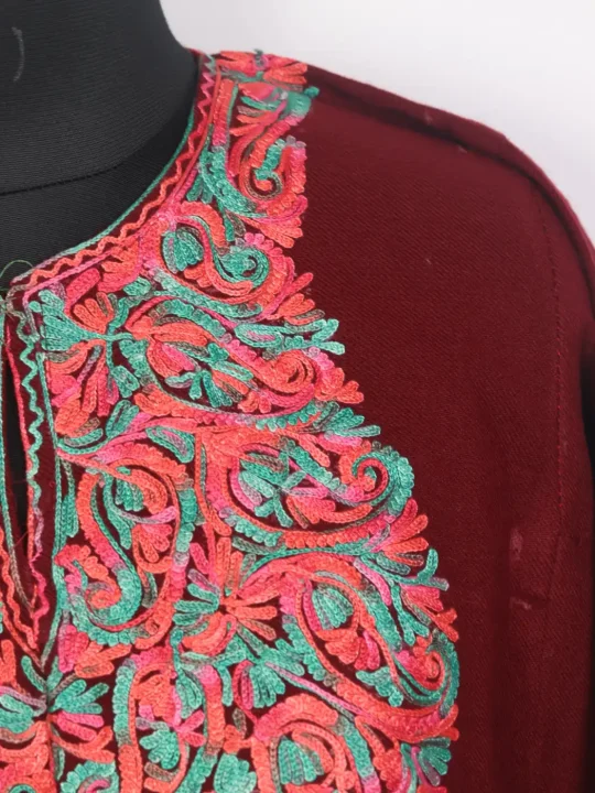 Afsaana Aari Embroidered Maroon Kashmiri Cashmilon Pheran - Image 3