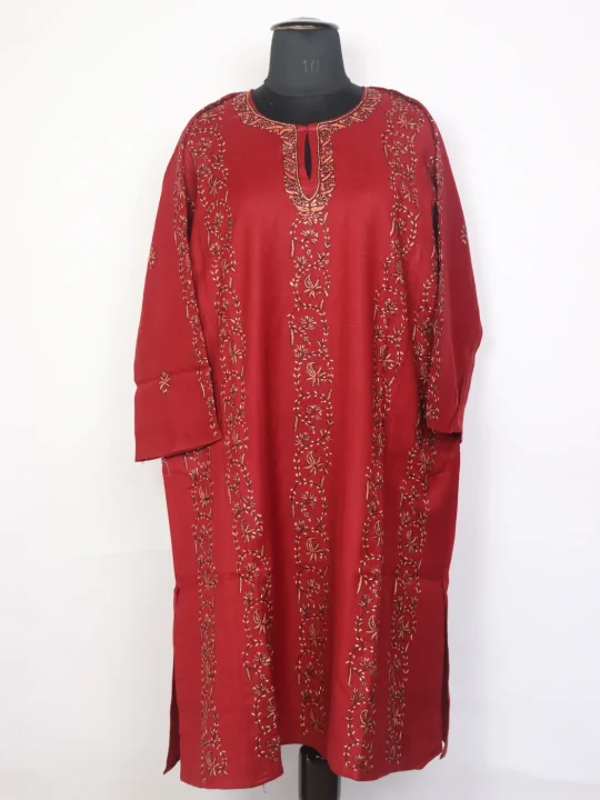Afsana Kashmiri Pheran With Raffal Wool Hand Sozni Lakeer Jaal Design | Red