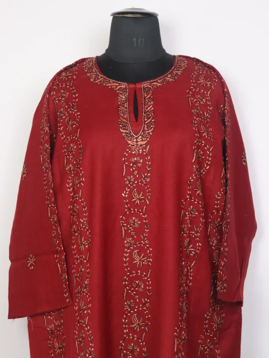 Afsana Kashmiri Pheran With Raffal Wool Hand Sozni Lakeer Jaal Design | Red - Image 2