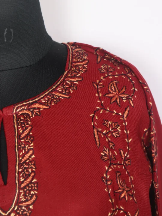 Afsana Kashmiri Pheran With Raffal Wool Hand Sozni Lakeer Jaal Design | Red - Image 3
