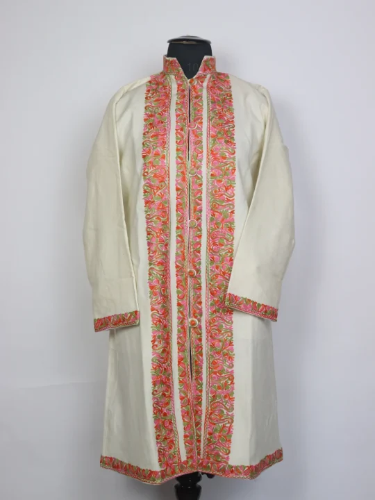 Afsara Kashmiri Long Cashmilon Wool Aari Embroidery Coat Cream