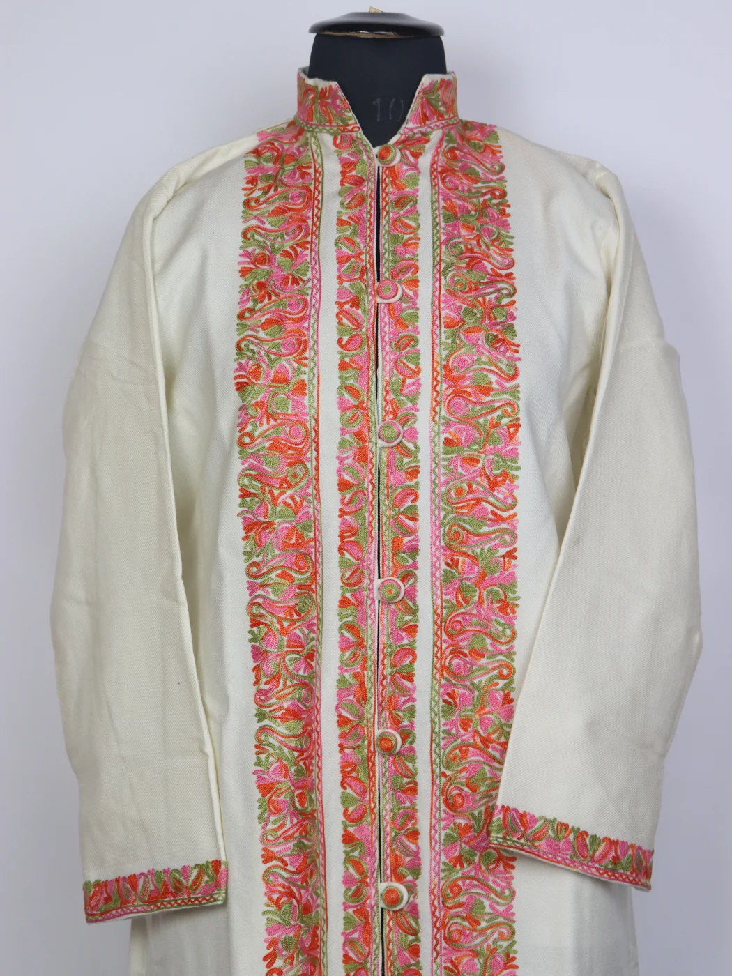 Afsara Kashmiri Long Cashmilon Wool Aari Embroidery Coat Cream - Image 2