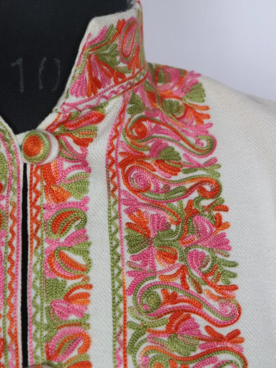 Afsara Kashmiri Long Cashmilon Wool Aari Embroidery Coat Cream - Image 3
