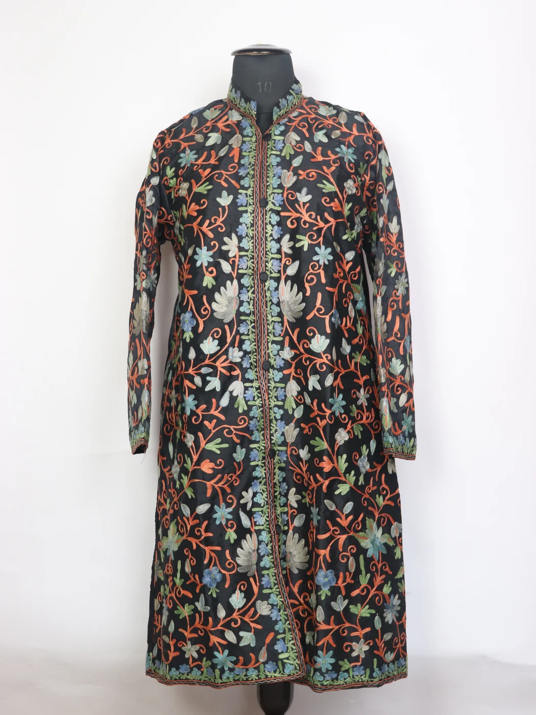 Afsheen Black Silk Kashmiri Jaal Aari Embroidered Long Coat