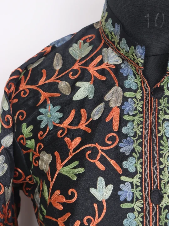 Afsheen Black Silk Kashmiri Jaal Aari Embroidered Long Coat - Image 3
