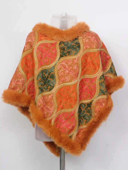 Kashmiri Shazfa Girls Poncho With Fur in Cashmilon Wool Aari Embroidery