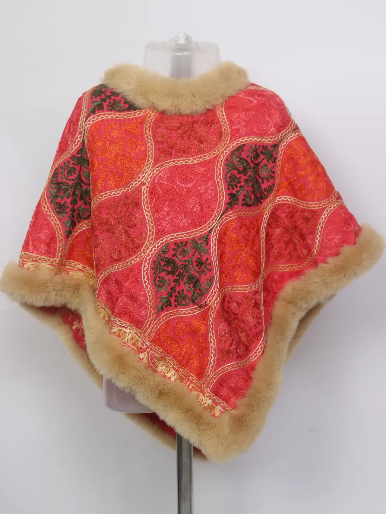 Ahana Kashmiri Girls Beige Fur Poncho in Cashmilon Wool Aari Embroidery