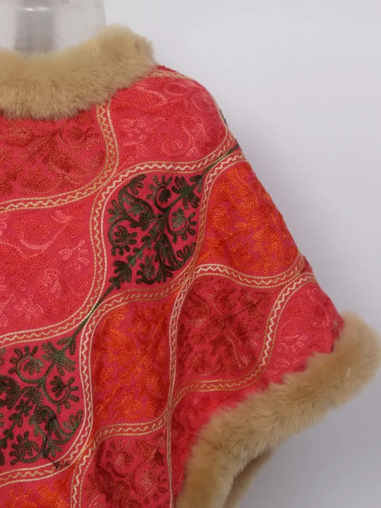 Ahana Kashmiri Girls Beige Fur Poncho in Cashmilon Wool Aari Embroidery - Image 2