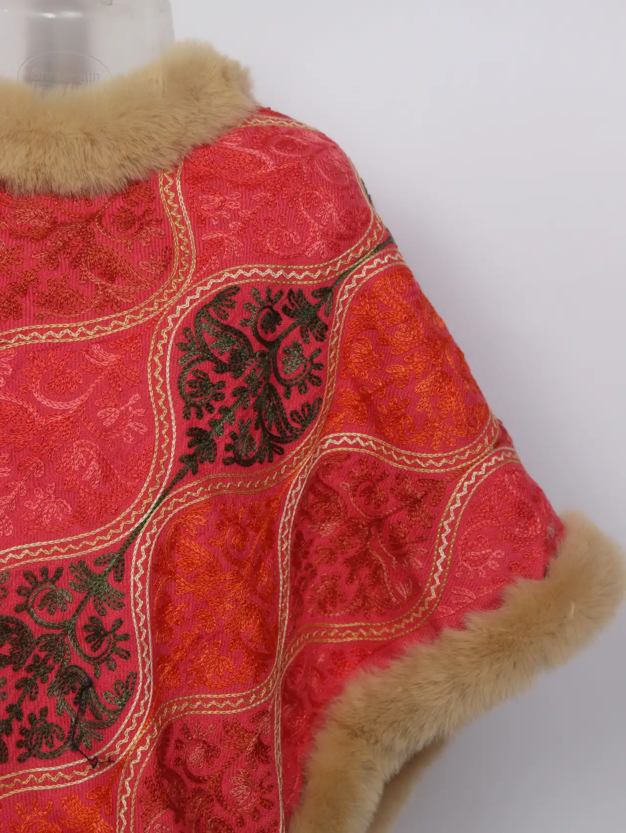 Ahana Kashmiri Girls Beige Fur Poncho in Cashmilon Wool Aari Embroidery - Image 2