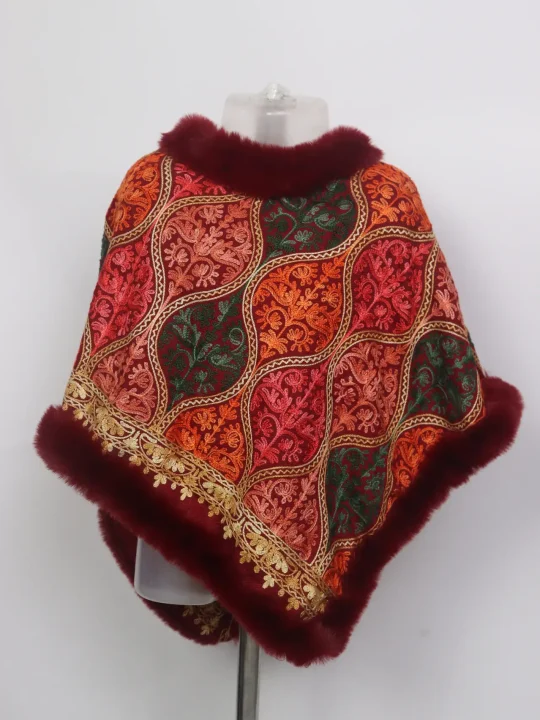 Aima Kashmiri Girls Poncho With Maroon Fur Aari Embroidery Cashmilon Wool