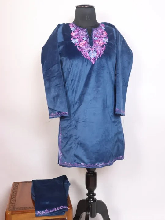 Aira Navy Blue Kashmiri Girls 2pc Pheran Set In Holland Velvet With Aari Work (8 to 9 Y)