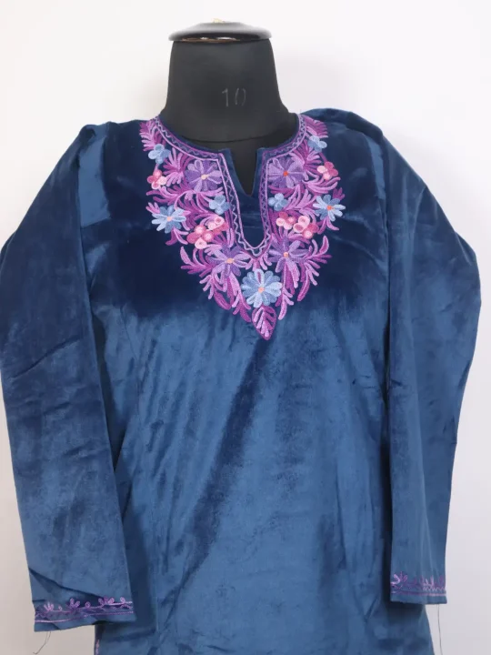 Aira Navy Blue Kashmiri Girls 2pc Pheran Set In Holland Velvet With Aari Work (8 to 9 Y) - Image 2