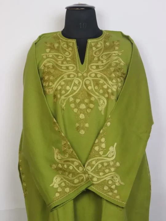Aiza Olive Green Kashmiri Sleeve Pointed Rezkaar Aari Work Pheran in Raffal Wool - Image 2