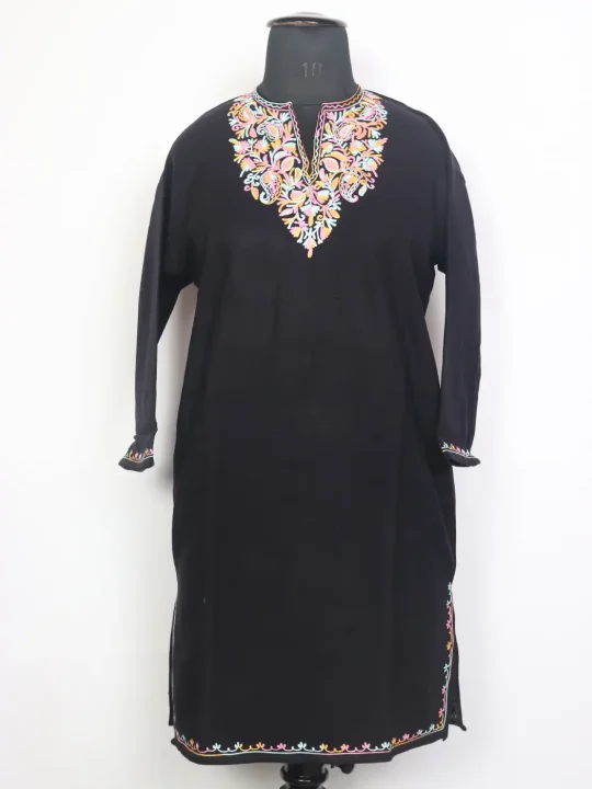 Ajwa Kashmiri Girls Pheran with Aari Work in Cashmilon Wool Black(12 to 13Y)