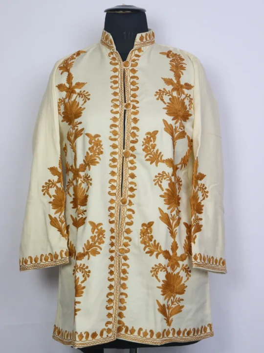 White Kashmiri Alina Cashmilon Aari Embroidred Short Coat