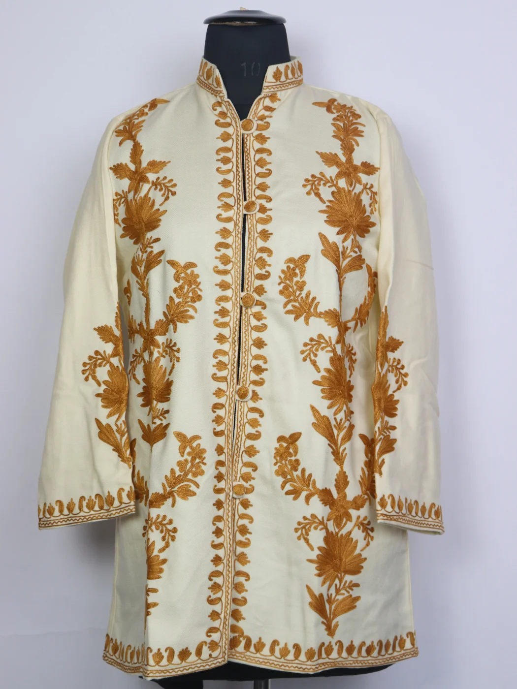 White Kashmiri Alina Cashmilon Aari Embroidred Short Coat
