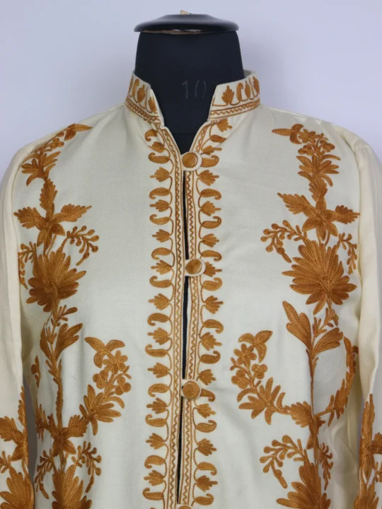 White Kashmiri Alina Cashmilon Aari Embroidred Short Coat - Image 3