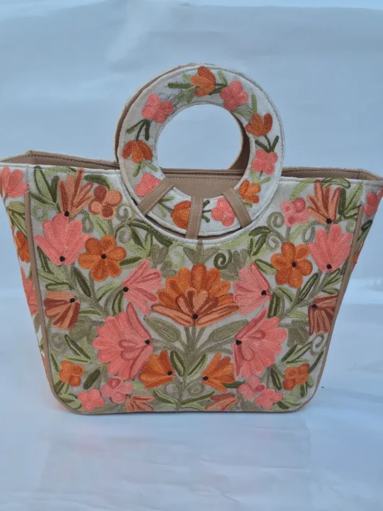 Alishba Kashmiri Beige Basket Bag with Aari Embroidery