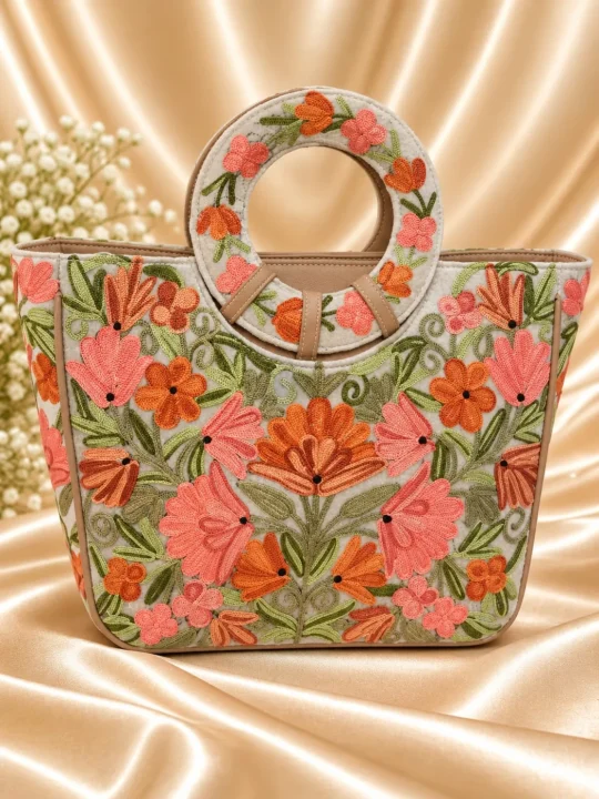 Alishba Kashmiri Beige Basket Bag with Aari Embroidery