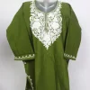 Amal Kashmiri Girls Pheran with White Aari Work in Olive Green Cashmilon Wool (4 to 5Y)
