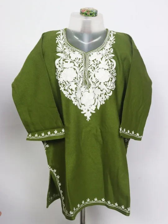 Amal Kashmiri Girls Pheran with White Aari Work in Olive Green Cashmilon Wool (4 to 5Y)