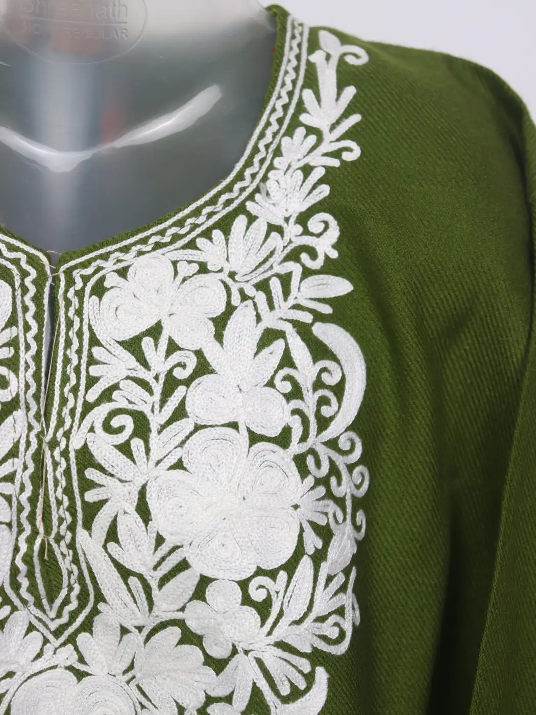 Amal Kashmiri Girls Pheran with White Aari Work in Olive Green Cashmilon Wool (4 to 5Y) - Image 2