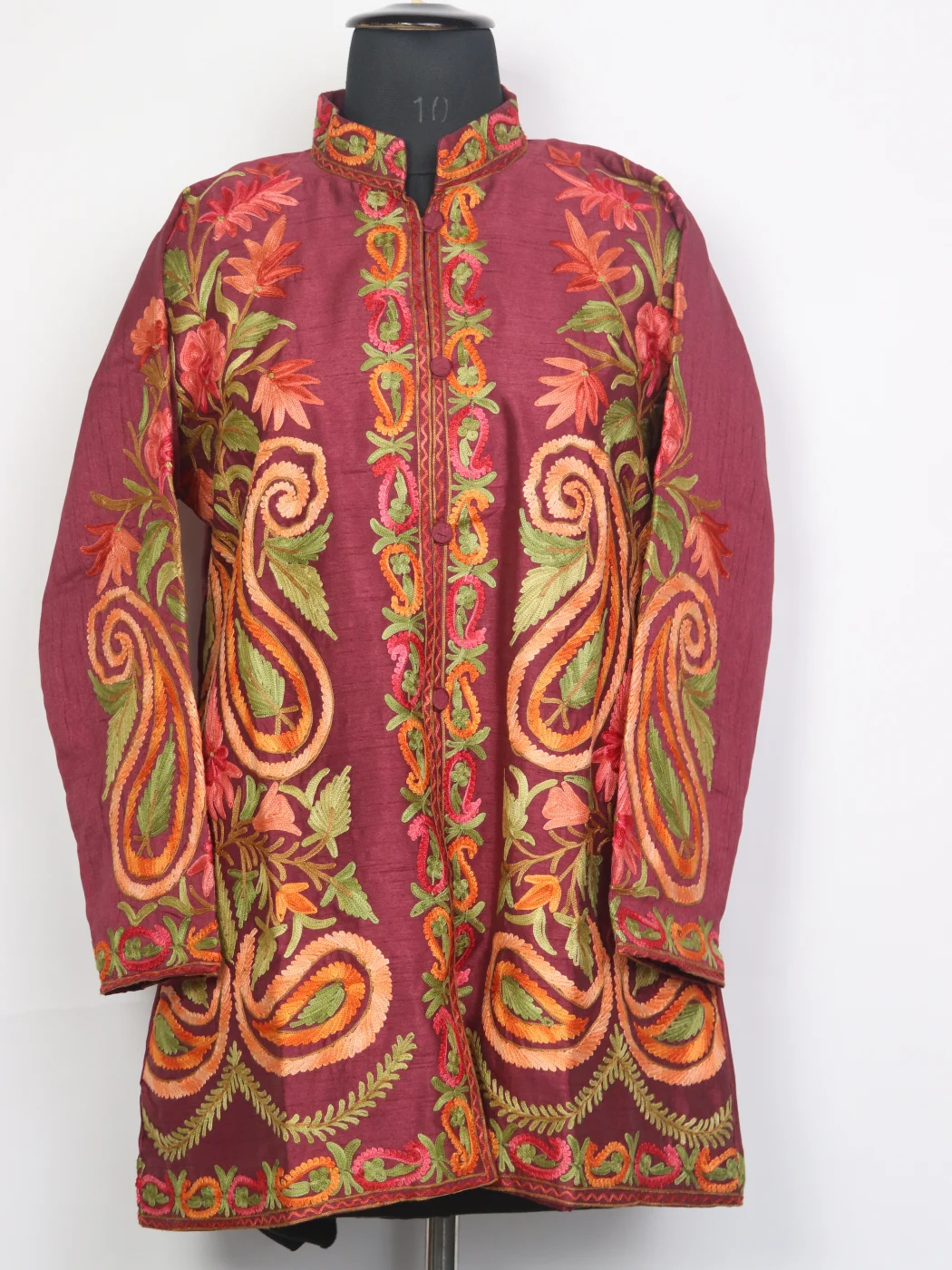 Maroon Silk Kashmiri Sunair Aari Embroidery Short Coat