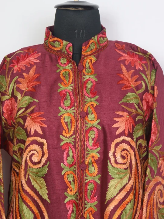 Maroon Silk Kashmiri Sunair Aari Embroidery Short Coat - Image 2