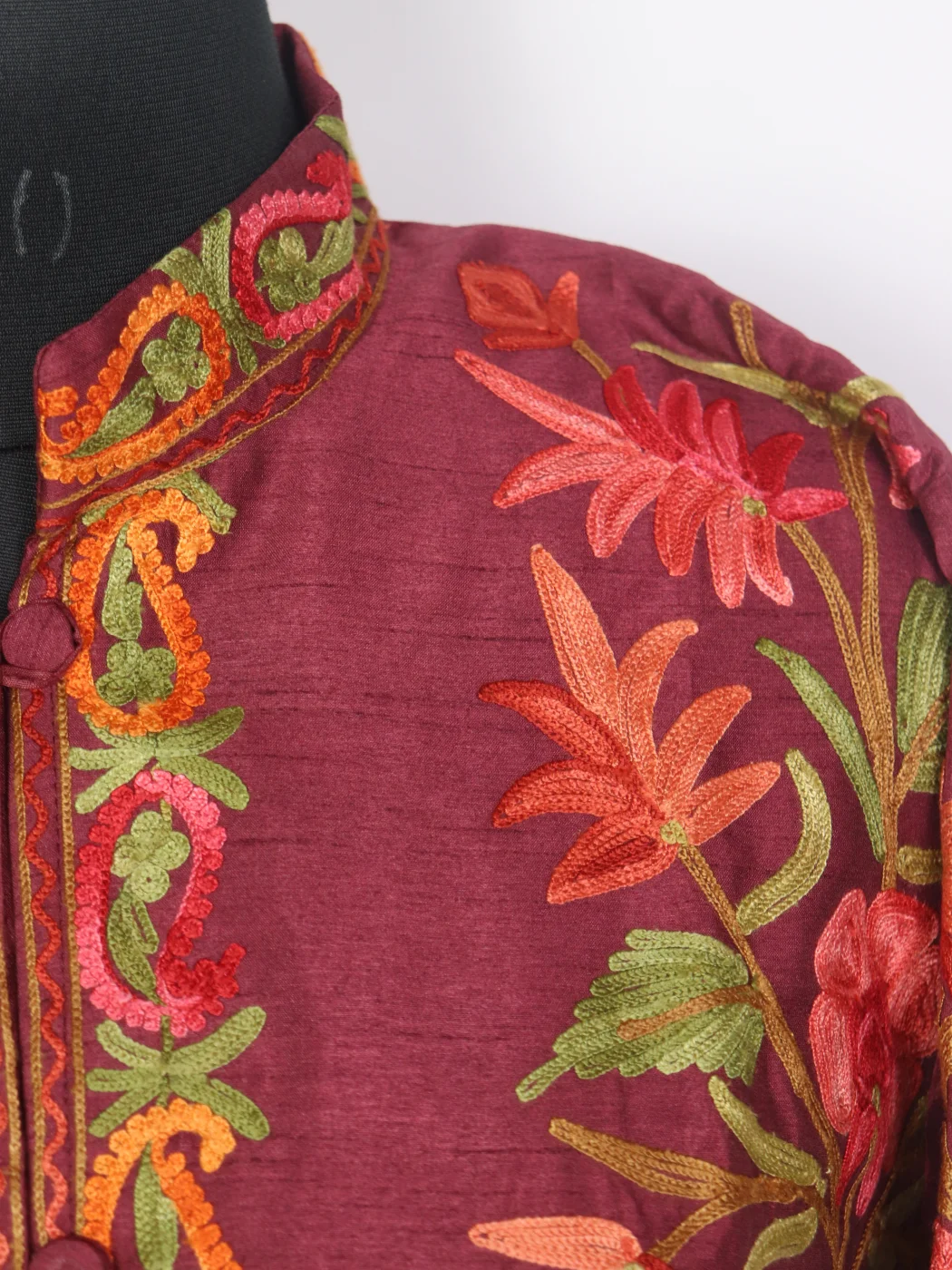 Maroon Silk Kashmiri Sunair Aari Embroidery Short Coat - Image 3
