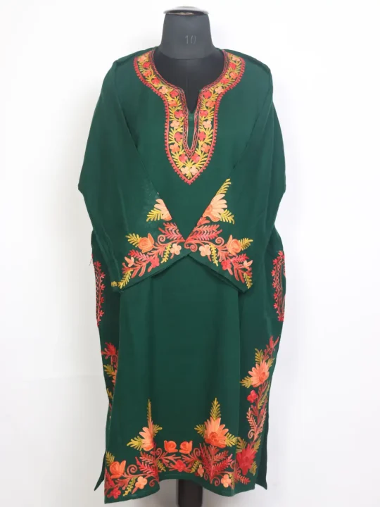 Amira Kashmiri Cashmilon Wool Aari Embroidery Pheran Dark Green