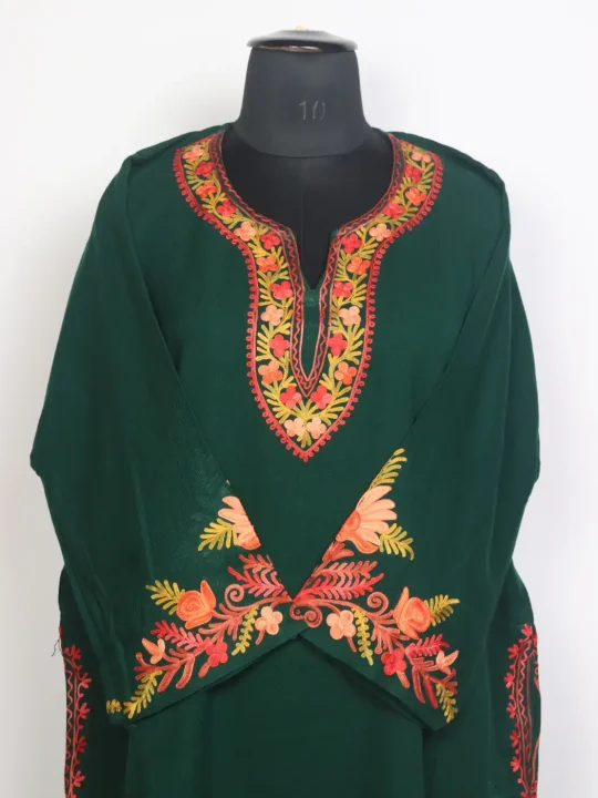 Amira Kashmiri Cashmilon Wool Aari Embroidery Pheran Dark Green - Image 2