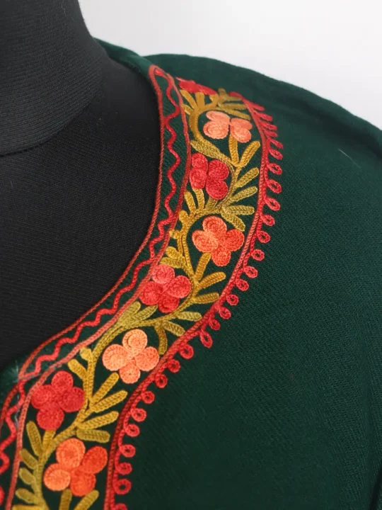 Amira Kashmiri Cashmilon Wool Aari Embroidery Pheran Dark Green - Image 3