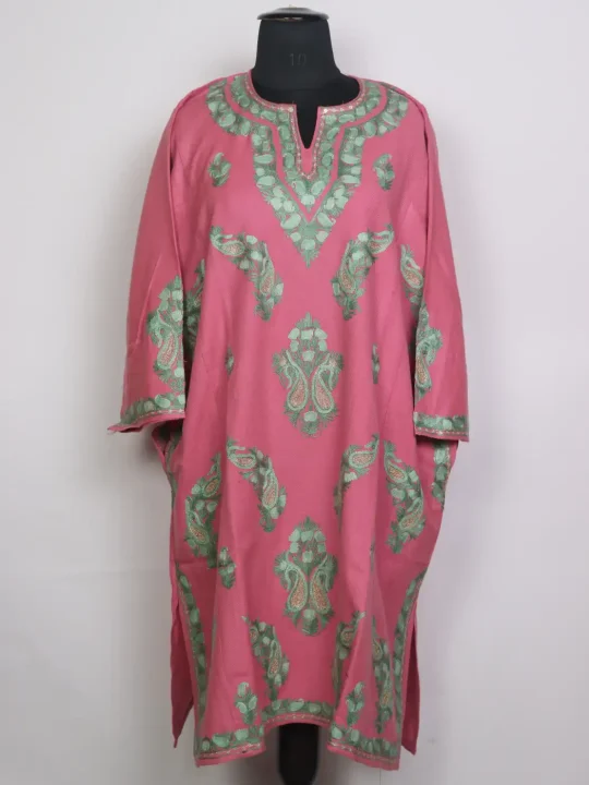 Anabia Kashmiri Cashmilon Wool Boothi Aari Embroidered  Pink Pheran