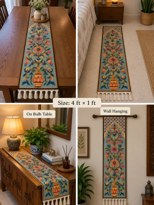 Pari Mahal Kashmiri Wool Thread Embroidery Chain Stitch Handmade Runner 4*1.5ft - Image 2