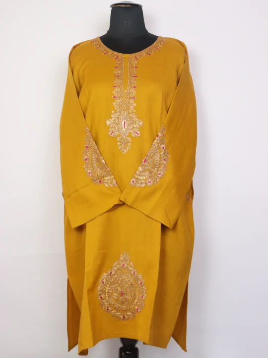 Kashmiri Pheran With Mustard Botte Tilla Embroidery In Raffal Wool | Anaya