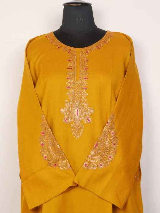 Kashmiri Pheran With Mustard Botte Tilla Embroidery In Raffal Wool | Anaya - Image 2