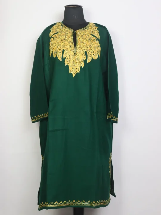 Anees Kashmiri Dark Green Aari Embroidered Cashmilon Wool Pheran