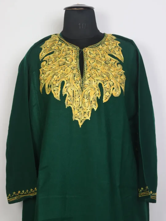 Anees Kashmiri Dark Green Aari Embroidered Cashmilon Wool Pheran - Image 2