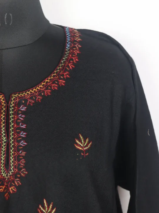 Anisa Kashmiri Pheran in Black Raffal Wool with Hand Sozni Boothi Work - Image 3