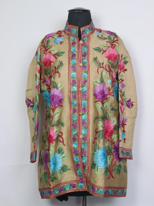 Beige Silk Kashmiri Anjum  Aari Embroidery Short Coat