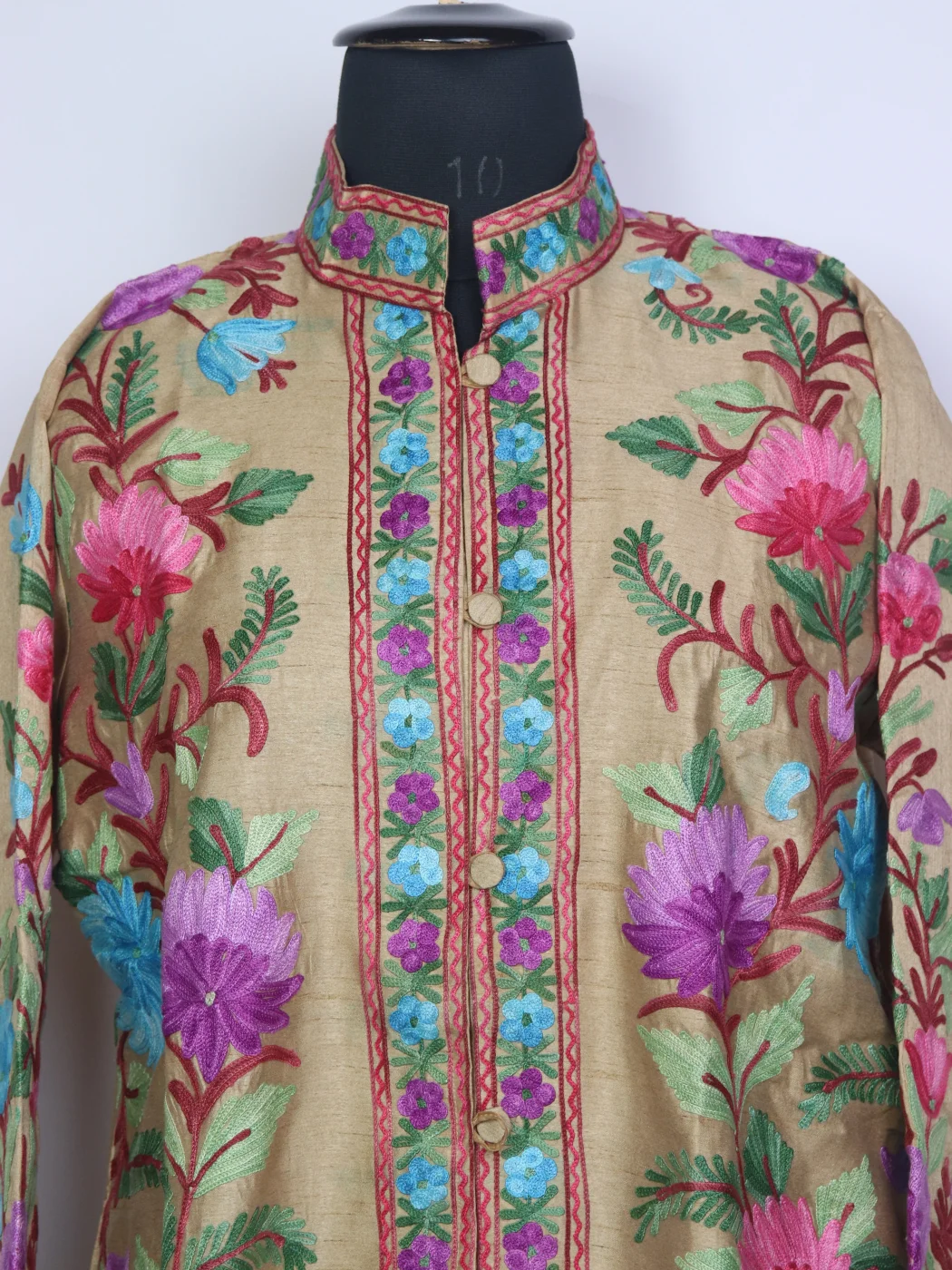 Beige Silk Kashmiri Anjum Aari Embroidery Short Coat - Image 2
