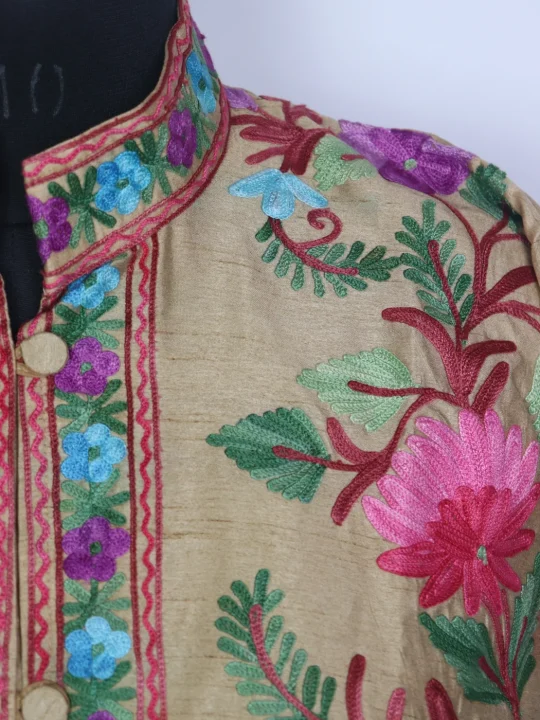 Beige Silk Kashmiri Anjum Aari Embroidery Short Coat - Image 3