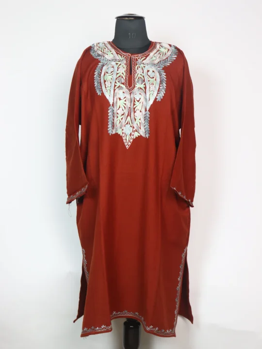 Rust Kashmiri Pheran In Cashmilon Wool With Aari Embroidery | Anosha