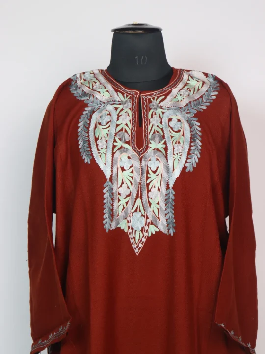 Rust Kashmiri Pheran In Cashmilon Wool With Aari Embroidery | Anosha - Image 3