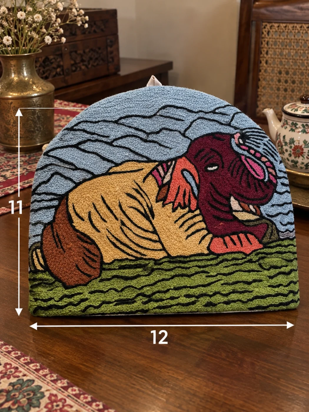 Aqsa Kashmiri Handmade Elephant Chain Stitch Wool Thread Tea Cozy - Image 3