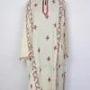 Areefa Kashmiri Pheran  Cream Raffal Wool Hand Sozni Paper Mache Side Jaal Work | White