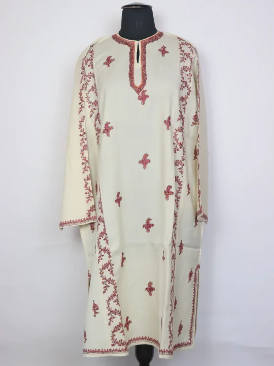 Areefa Kashmiri Pheran  Cream Raffal Wool Hand Sozni Paper Mache Side Jaal Work | White
