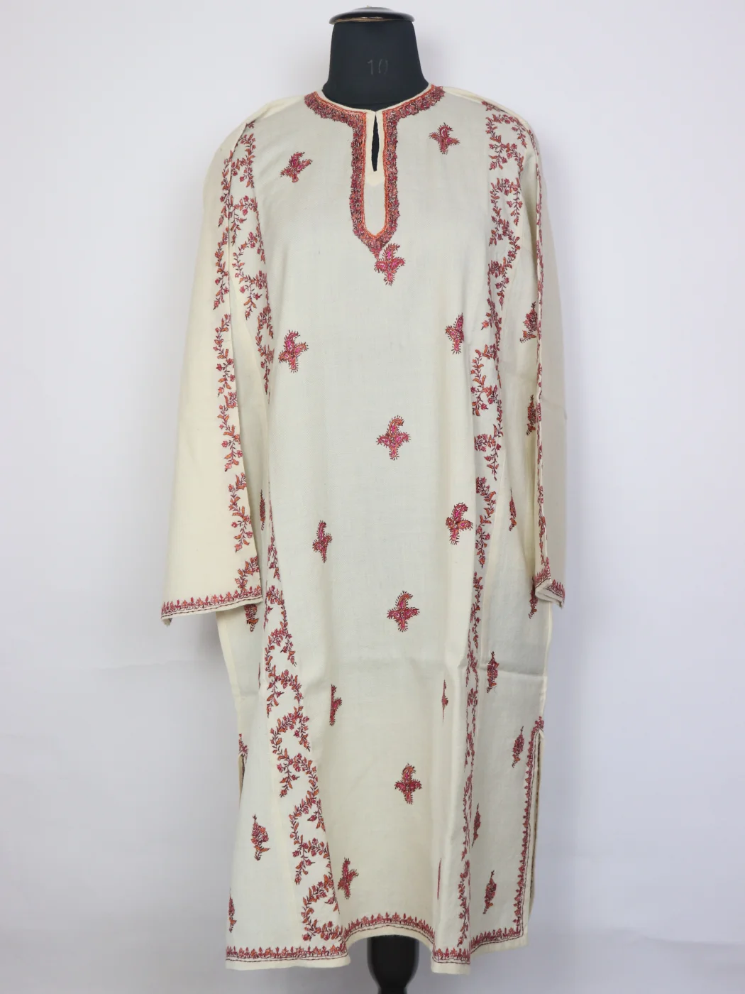 Areefa Kashmiri Pheran Cream Raffal Wool Hand Sozni Paper Mache Side Jaal Work | White