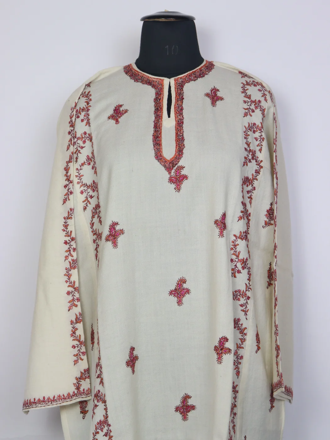 Areefa Kashmiri Pheran Cream Raffal Wool Hand Sozni Paper Mache Side Jaal Work | White - Image 2